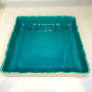 Vtg Ceramic 10.25" Square Dish Teal Colour Inside Ivory Outside